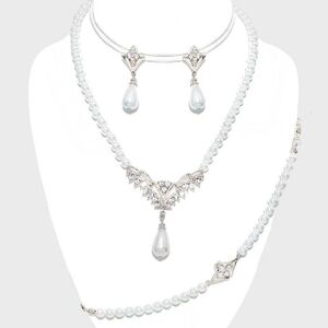 • 3-PCS Crystal Accented Pearl Necklace Jewelry Set